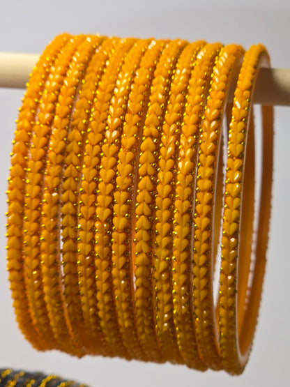 Heart Beats Pastel Turmeric glass bangle set with gold-dot heart detailing