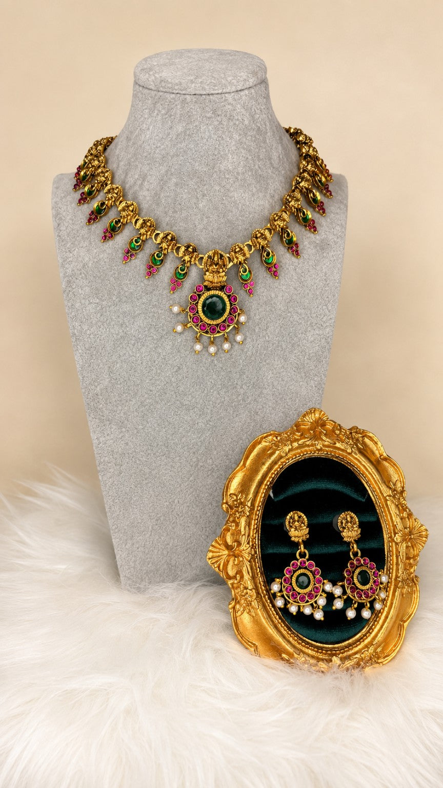 Traditional Lakshmi Peacock green and ruby temple necklace set by Belumiee, featuring intricate design and vibrant gemstones.