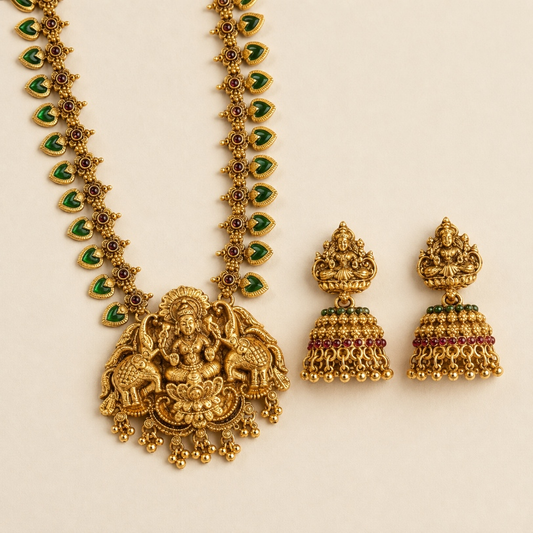 Belumiee Lakshmi Temple long necklace and jhumka set featuring intricate gold-tone jewelry with traditional temple design.