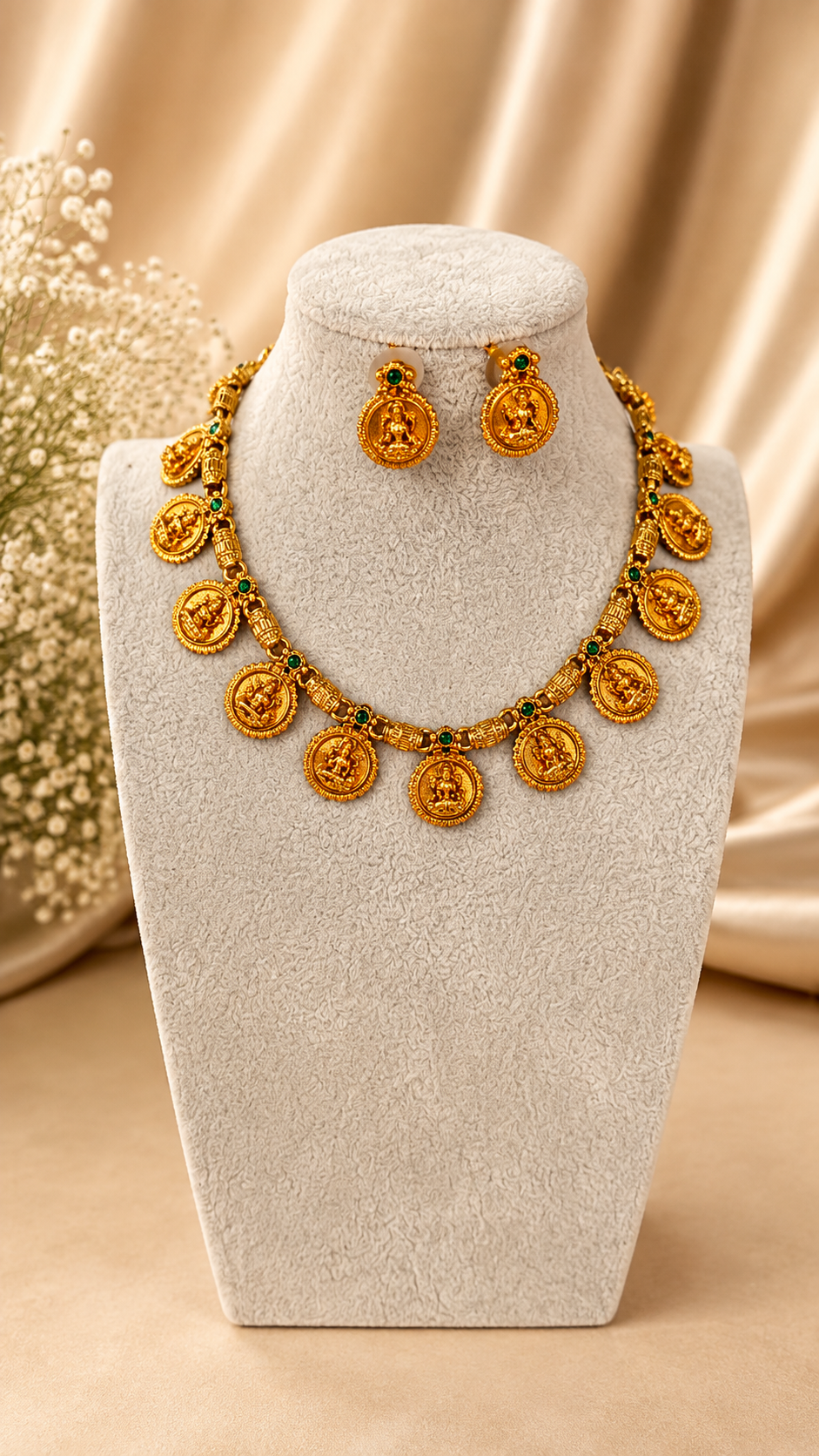 Traditional Lakshmi Coin Temple Necklace Set by Belumiee featuring intricate gold-toned jewelry with coin and temple motifs.