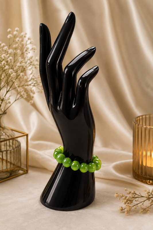 Lime green beaded stretch bracelet by Belumiee featuring vibrant beads and elastic band for a comfortable fit.