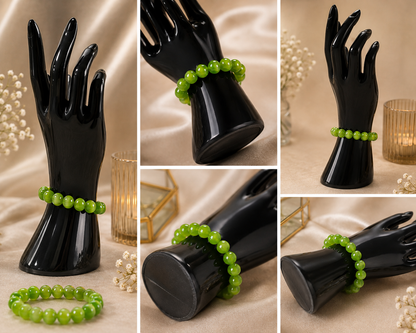 Lime green beaded stretch bracelet by Belumiee featuring vibrant beads and an elastic design for a comfortable fit.