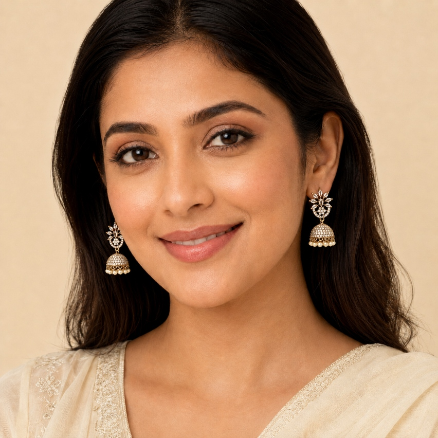 Model wearing clear crystal lotus jhumka earrings