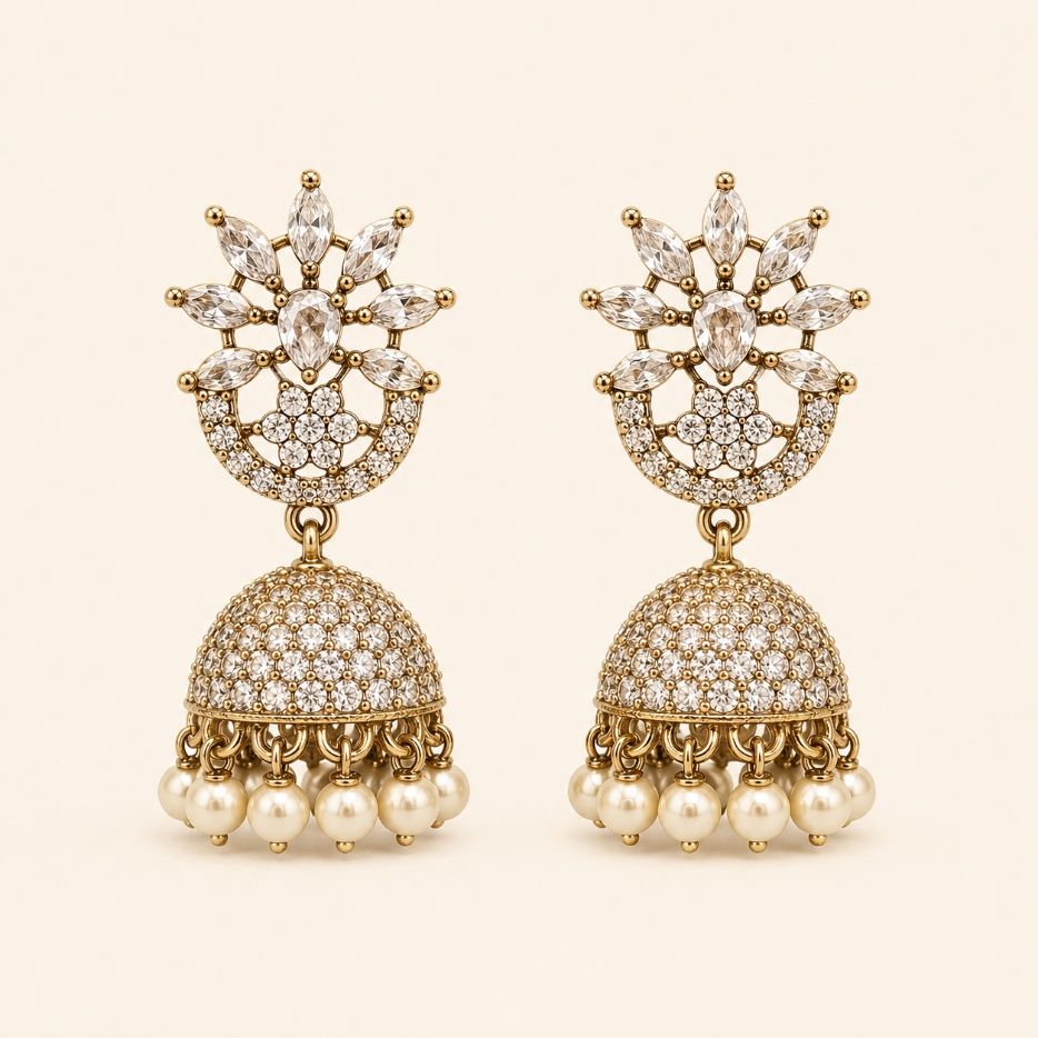 Clear crystal lotus dome jhumka earrings with pearl drops