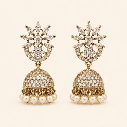 Clear crystal lotus dome jhumka earrings with pearl drops