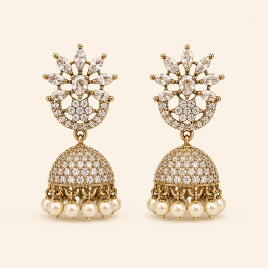 Clear crystal lotus dome jhumka earrings with pearl drops