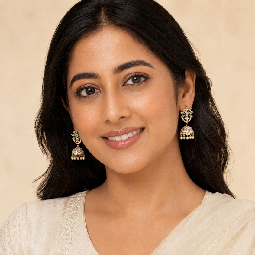 Model wearing mint green lotus crystal jhumka earrings
