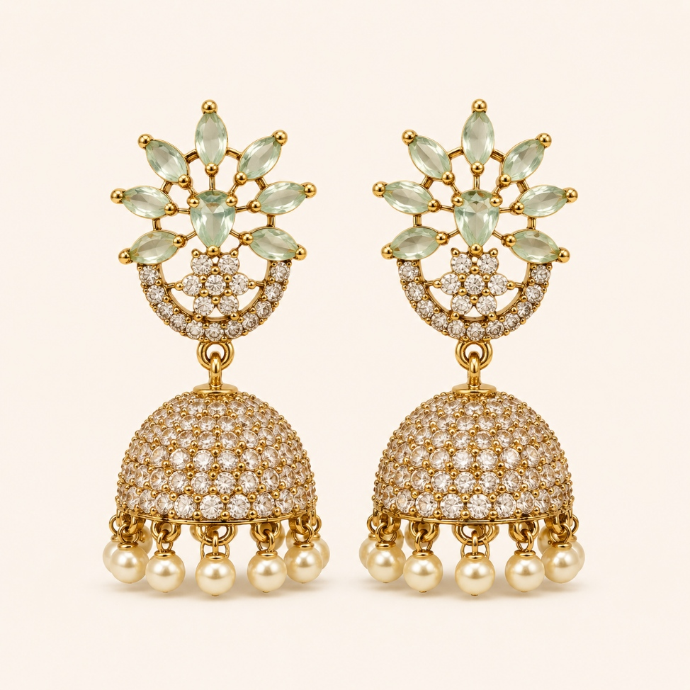 Mint green lotus crystal dome jhumka earrings with pearl drops