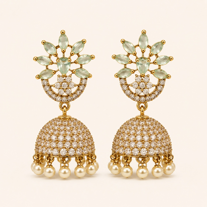 Mint green lotus crystal dome jhumka earrings with pearl drops
