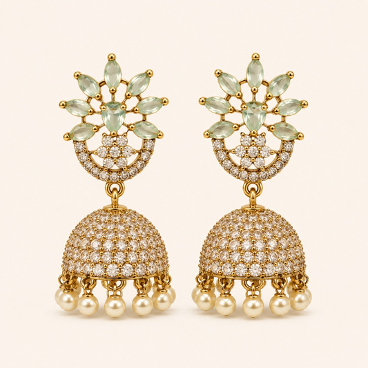 Mint green lotus crystal dome jhumka earrings with pearl drops
