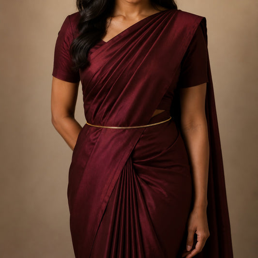 Model wearing minimalist double-row gold-tone hip chain with burgundy saree