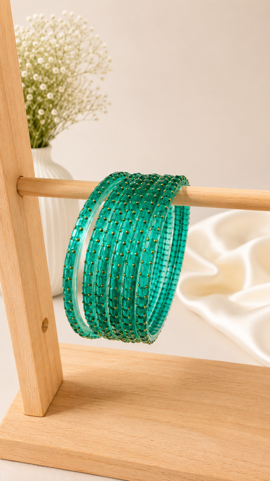 Mint green Navrang Sparkle Glass Bangles Set by Belumiee, featuring elegant, shimmering glass bangles for traditional or festive occasions.