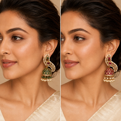 Model wearing emerald green and ruby paisley pearl jhumka earrings