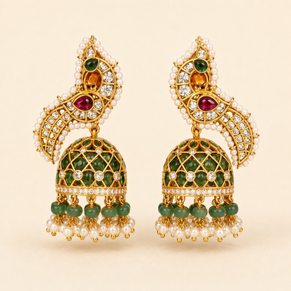 Emerald green paisley crystal jhumka earrings with pearl detailing
