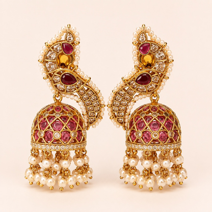 Ruby paisley crystal jhumka earrings with pearl detailing