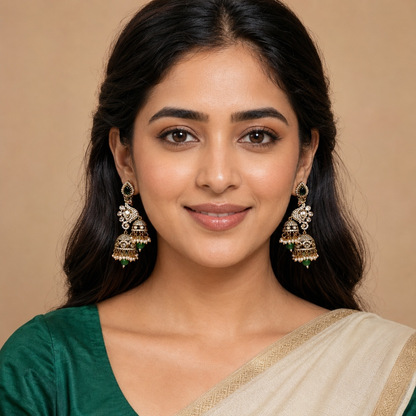 Model wearing Emerald Green antique gold peacock double jhumka earrings