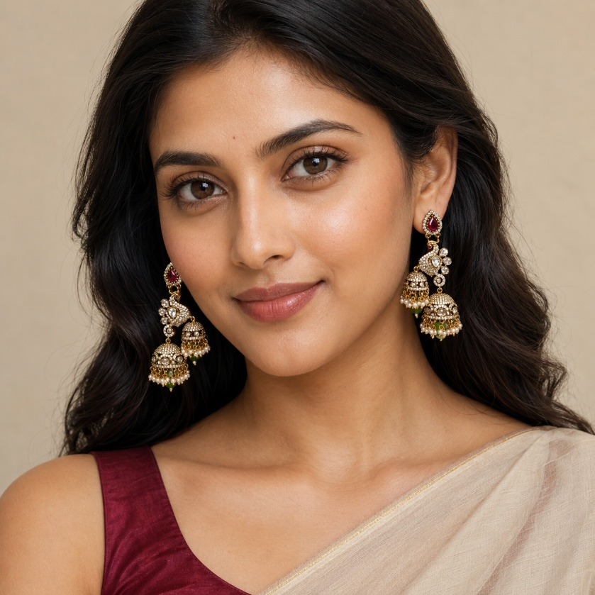 Model wearing Ruby antique gold peacock double jhumka earrings