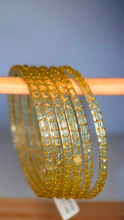 Belumiee Navrang Sparkle Glass Bangles set featuring pearl champagne-colored bangles with shimmering glass design.