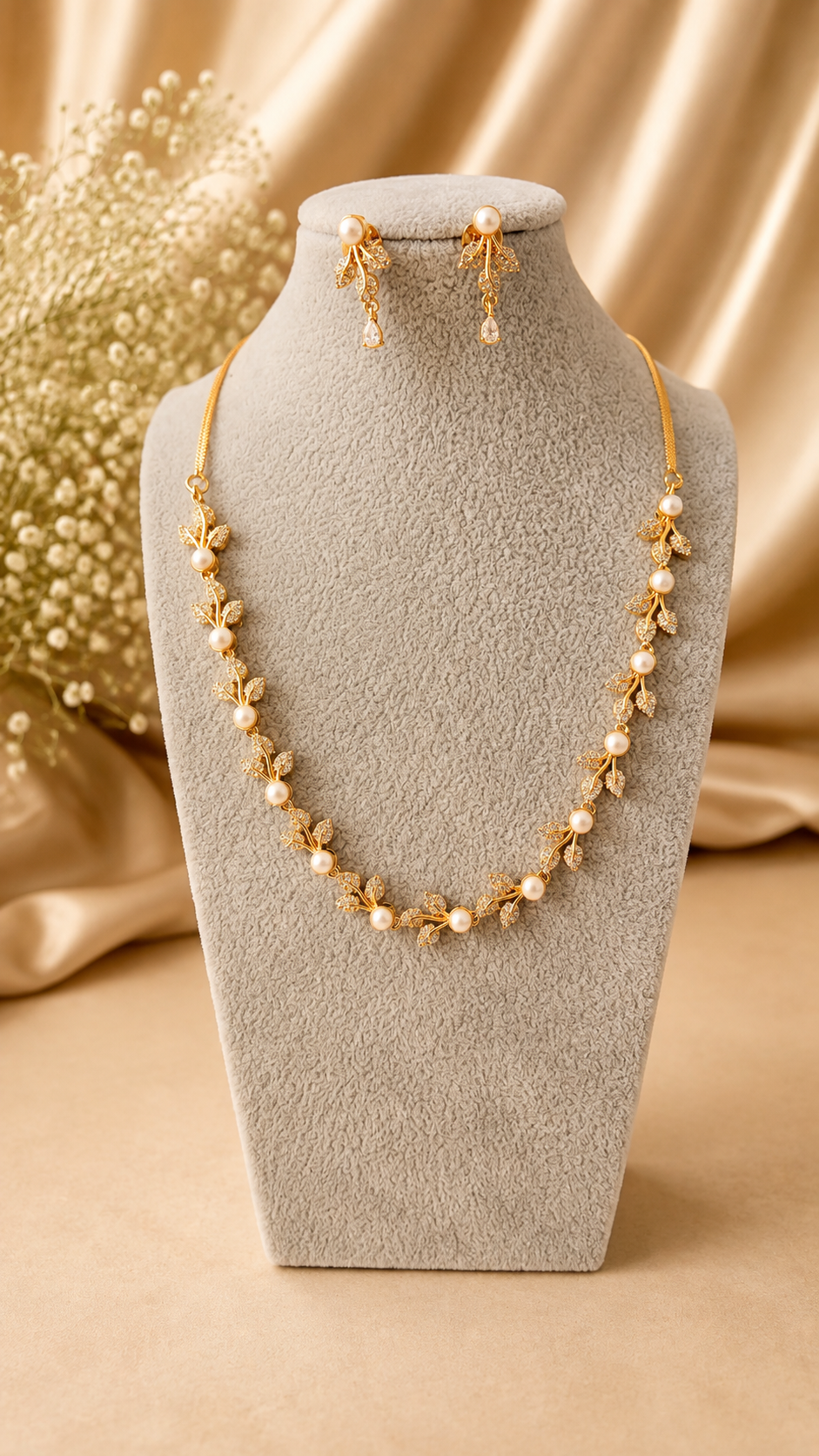 Elegant Pearl Vine AD necklace and earring set by Belumiee, featuring intricate pearl and vine design for special occasions.