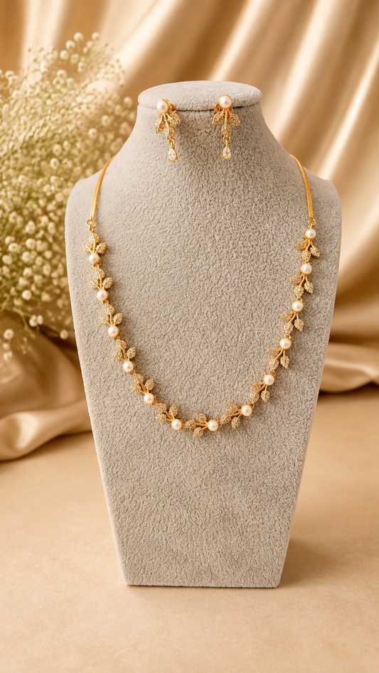 Elegant Pearl Vine AD necklace and earring set by Belumiee, featuring intricate pearl and vine design for special occasions.