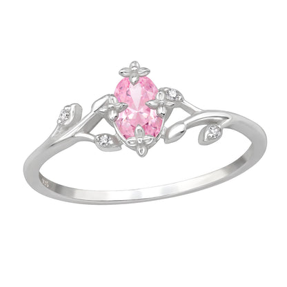 Sterling silver flower ring with pink marquise CZ gemstone, showcasing delicate floral design and sparkling gemstone details.