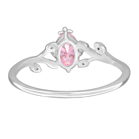 Sterling silver flower ring with pink marquise cubic zirconia by Belumiee, showcasing a detailed floral design with sparkling pink stones.