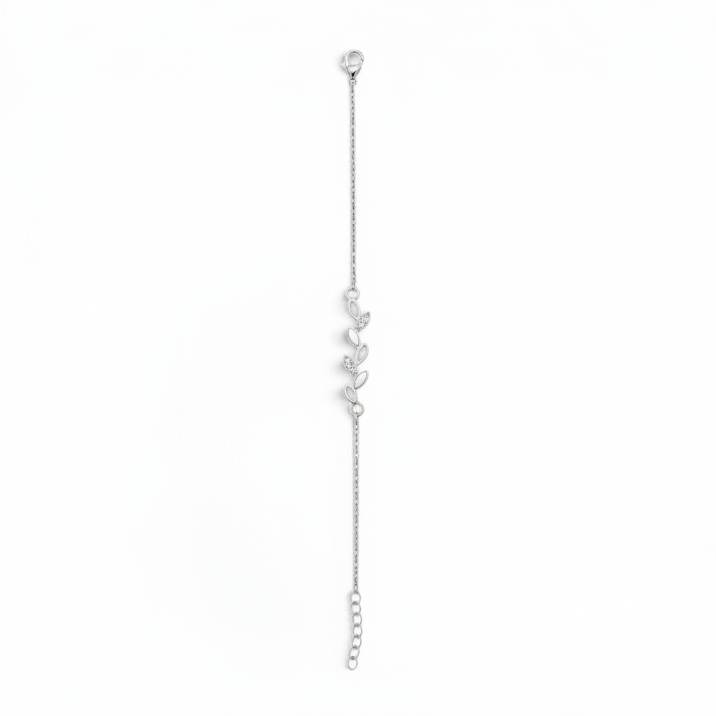 Dainty leaf bracelet in sterling silver by Belumiee, featuring delicate leaf charms and a sleek, polished finish.