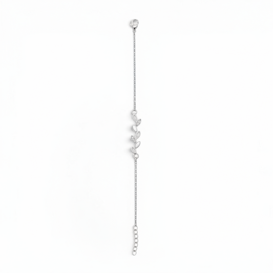 Dainty leaf bracelet in sterling silver by Belumiee, featuring delicate leaf charms and a sleek, polished finish.