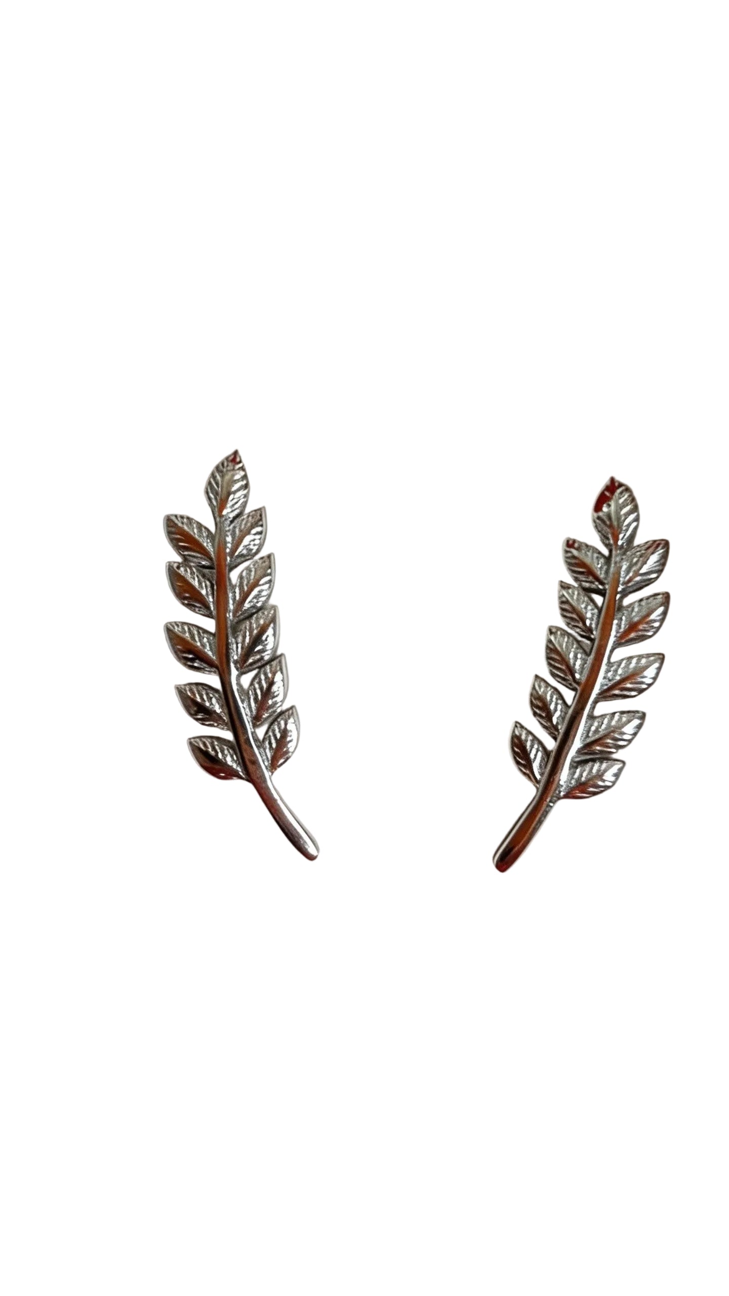 Sterling silver leaf ear crawler stud earrings by Belumiee, featuring delicate leaf design on a sleek earring.