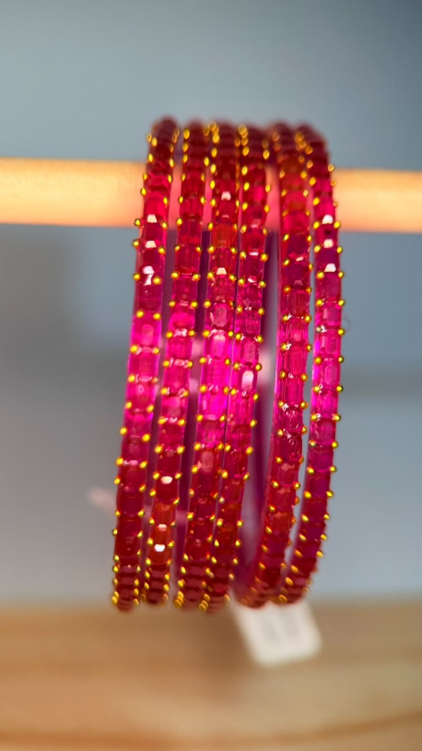Rose pink Navrang Sparkle glass bangles set by Belumiee, featuring sparkling glass bangles in a stylish design.