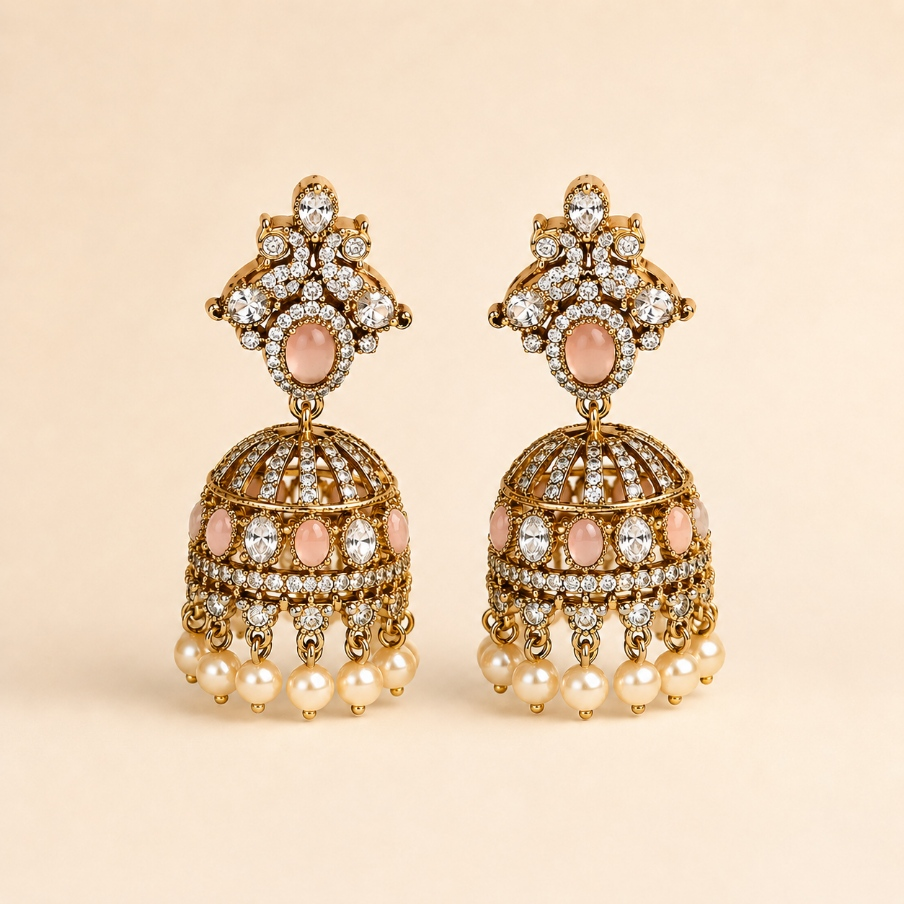 Gold-tone royal crystal dome jhumka earrings in Blush Pink with pearl-style drops