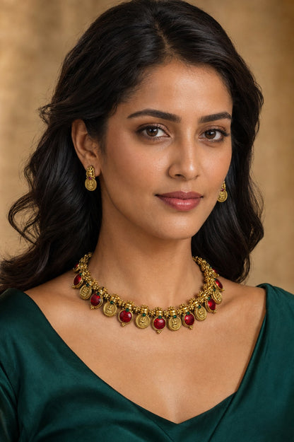 Traditional Ruby Kasu Coin Necklace Set by Belumiee, featuring intricate coin and gemstone design on model.