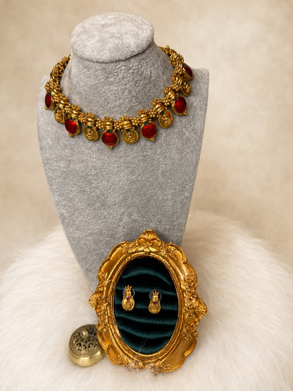Traditional Ruby Kasu Coin Necklace Set by Belumiee, featuring intricate design with ruby coins and detailed craftsmanship.