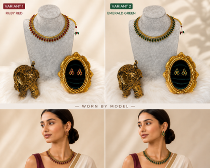 Traditional teardrop stone necklace set by Belumiee featuring ruby and emerald gemstones with gold-tone design.