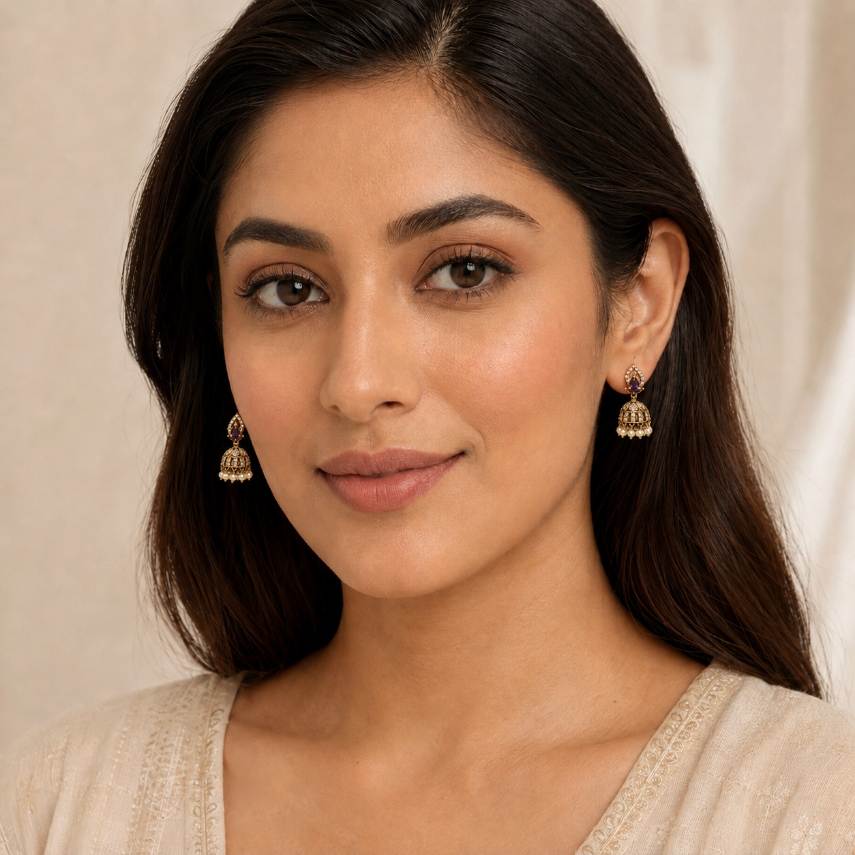 Model wearing amethyst purple teardrop crystal mini jhumka earrings