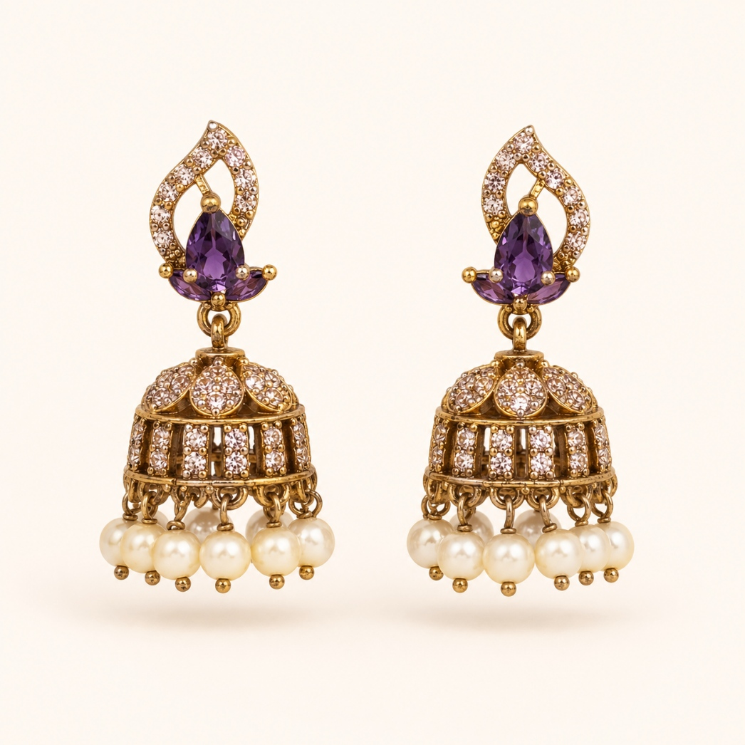 Amethyst purple teardrop crystal mini jhumka earrings with pearl drops