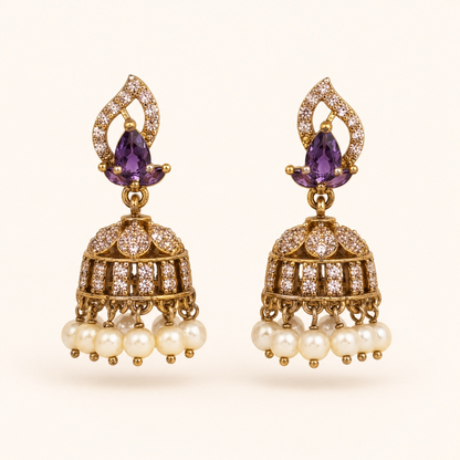 Amethyst purple teardrop crystal mini jhumka earrings with pearl drops