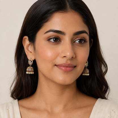 Model wearing clear crystal teardrop mini jhumka earrings