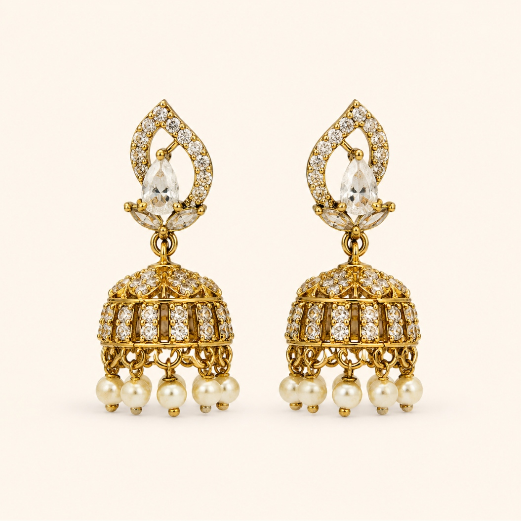Clear crystal teardrop mini jhumka earrings with pearl drops
