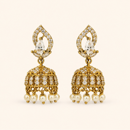Clear crystal teardrop mini jhumka earrings with pearl drops