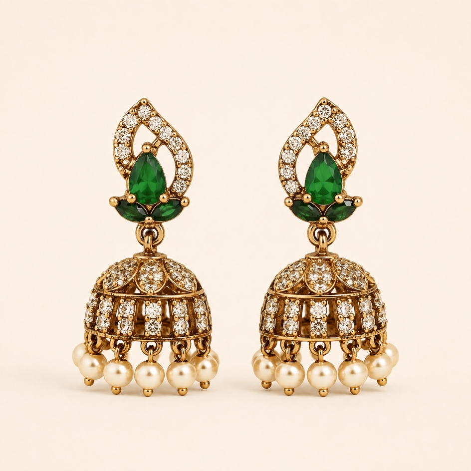 Emerald green teardrop crystal mini jhumka earrings with pearl drops