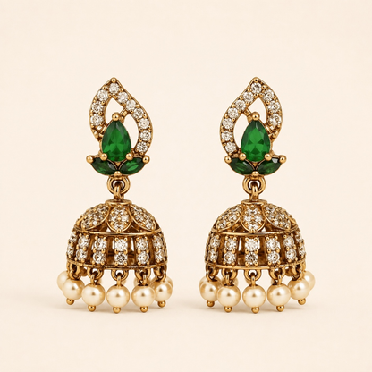 Emerald green teardrop crystal mini jhumka earrings with pearl drops