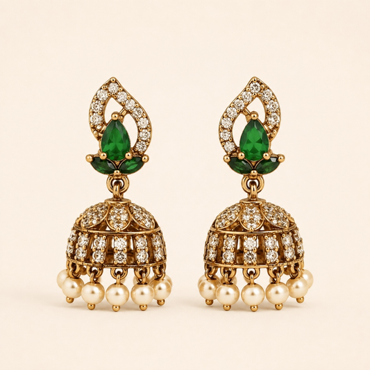 Emerald green teardrop crystal mini jhumka earrings with pearl drops