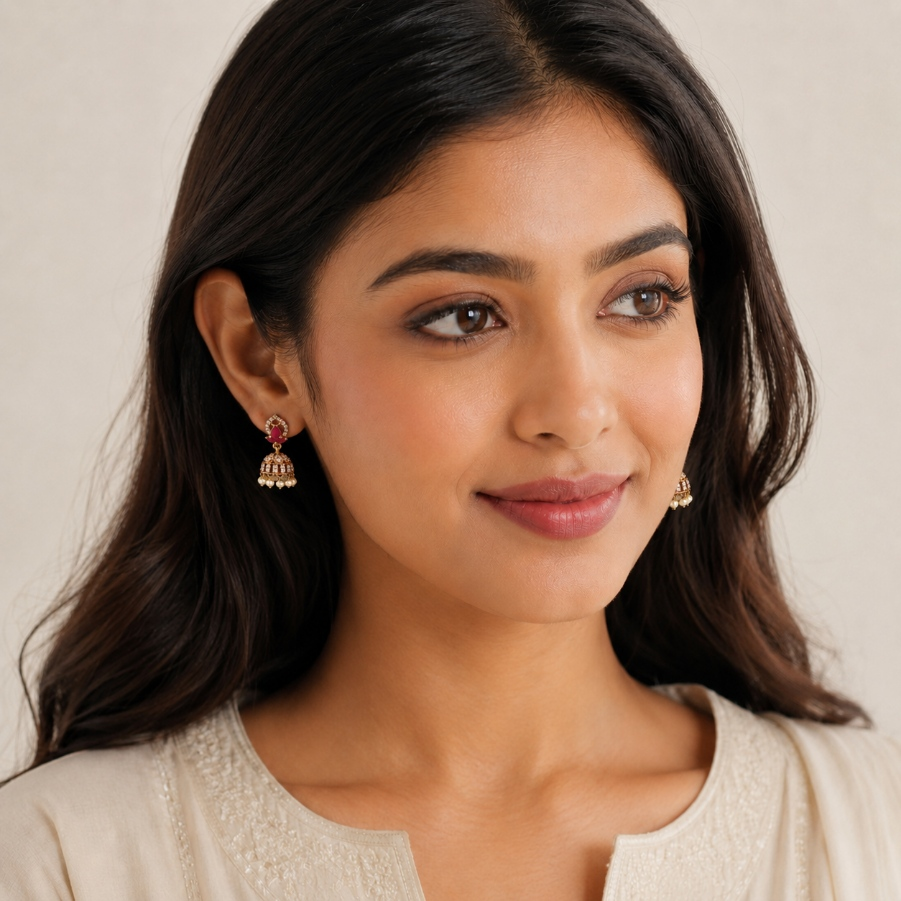Model wearing ruby teardrop crystal mini jhumka earrings