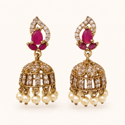 Ruby teardrop crystal mini jhumka earrings with pearl drops