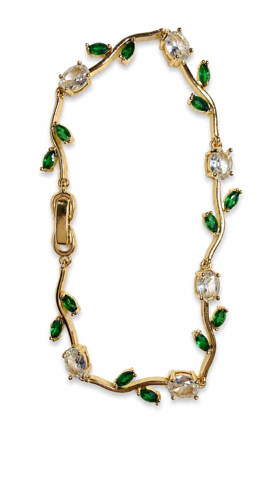 Gold vine bracelet in clear and green stones