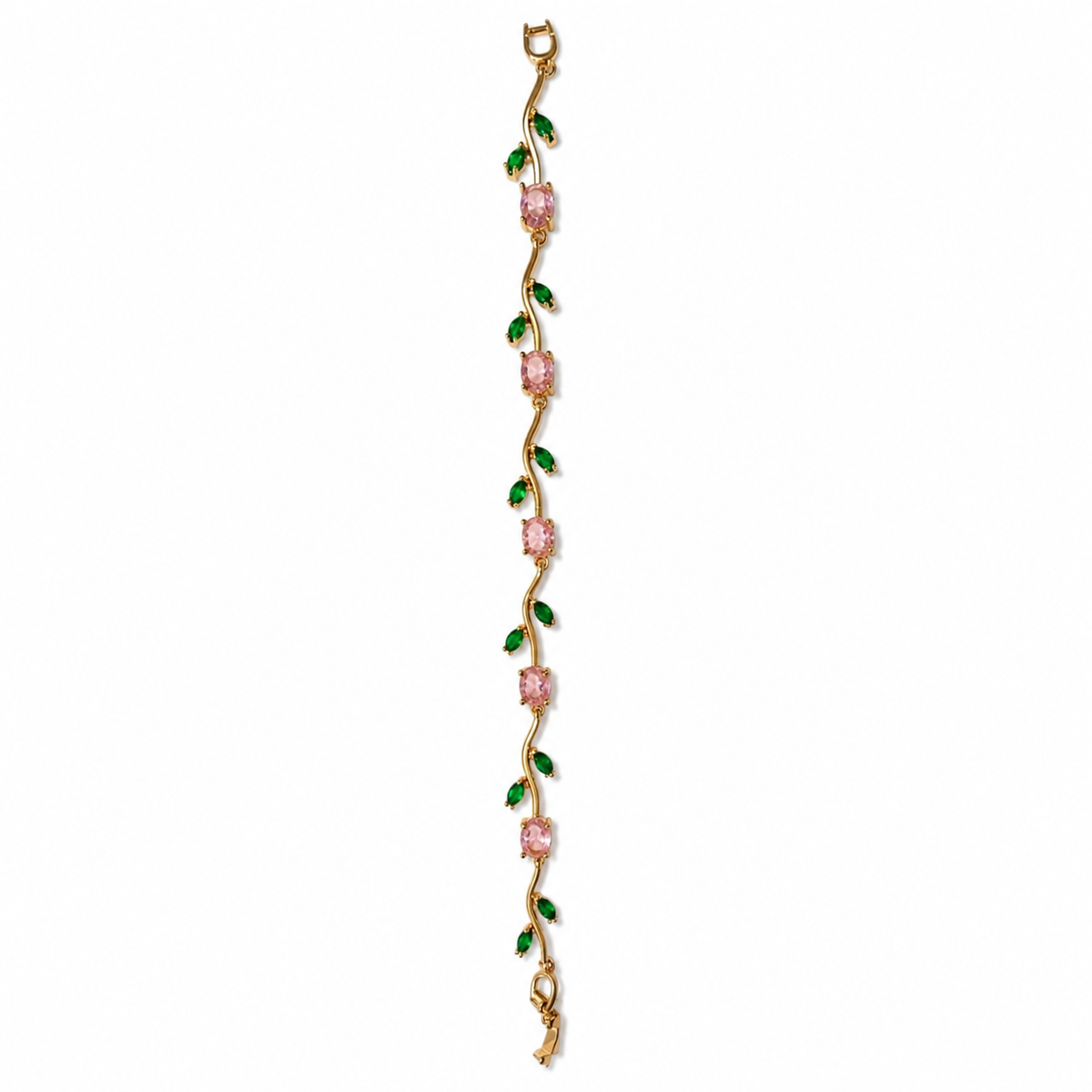 Gold vine bracelet in pink and green stones