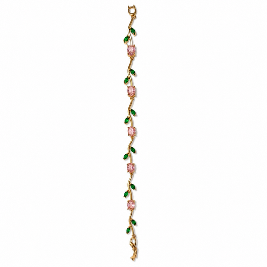 Gold vine bracelet in pink and green stones