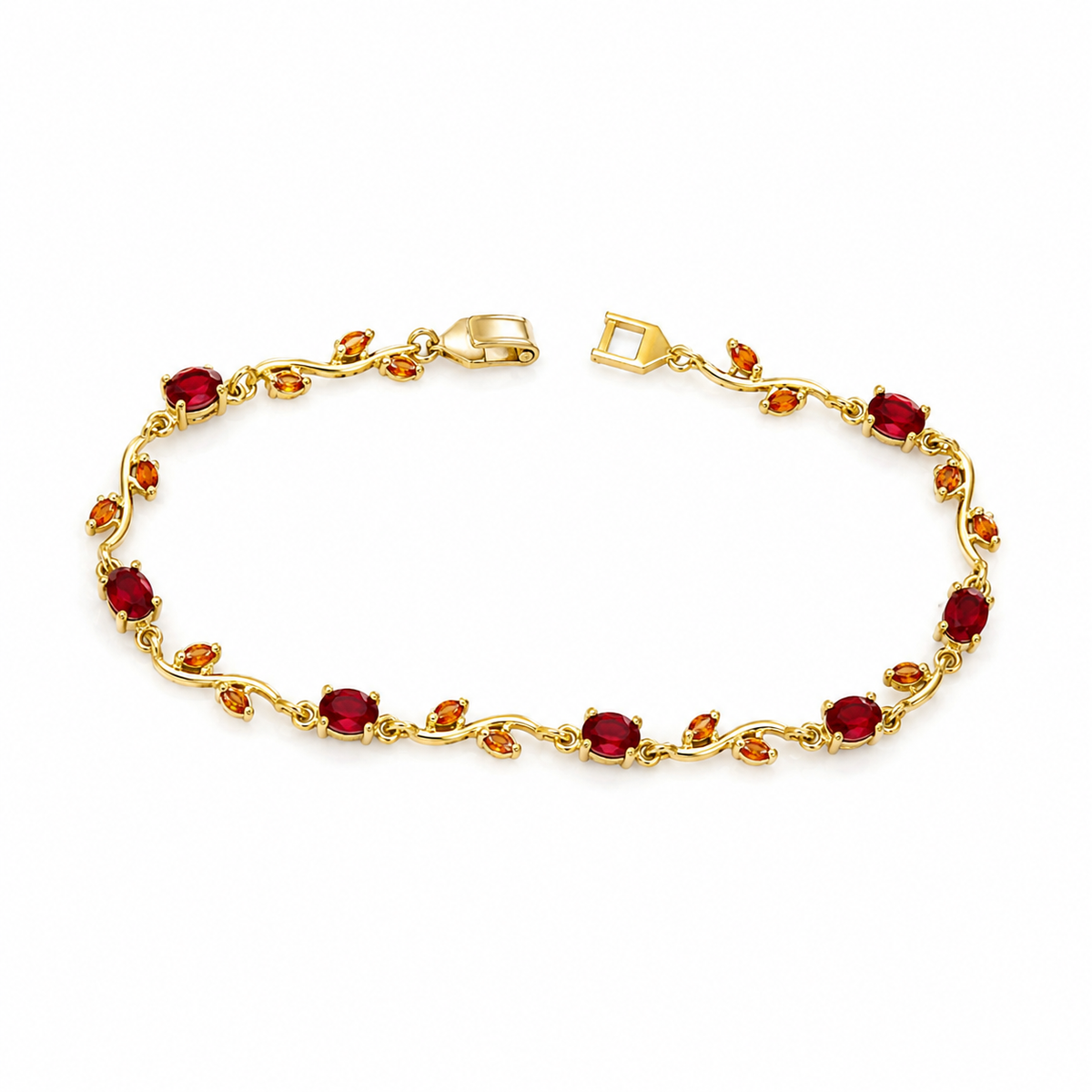 Gold vine bracelet in red and orange stones